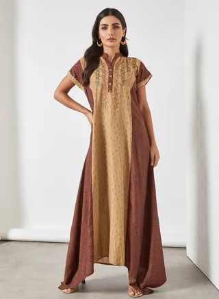Feather Printed Jalabiya Brown 