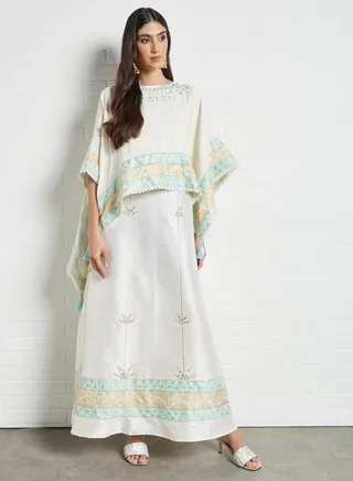 Sara Floral - Polka Dot Embroidered Jalabiya White/Green/Gold 