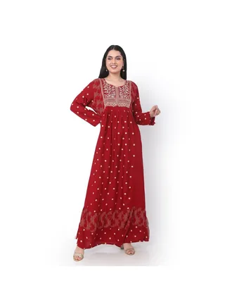 EMBROIDERED WITH DOTTED LONG SLEEVE RED ARABIC JALABIYA DRESS 