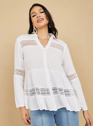 Crinkle Cut Out Detail Collared Neck Boxy Fit Tunic 