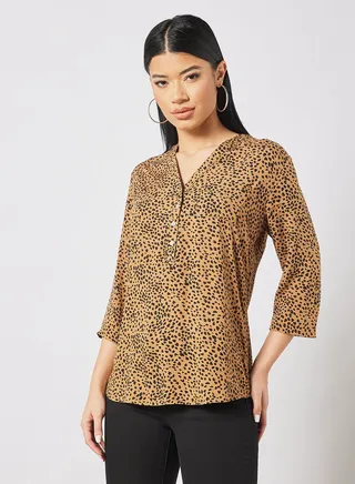 Printed Tunic With Mandarin Collar And 3/4Th Sleeves Brown 