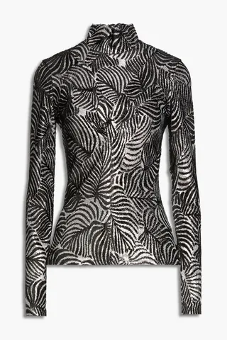 Metallic velvet-jacquard turtleneck top
