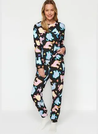 Black 100% Cotton Leopard Print Tshirt-Jogger Knitted Pajamas Set THMAW24PT00158.