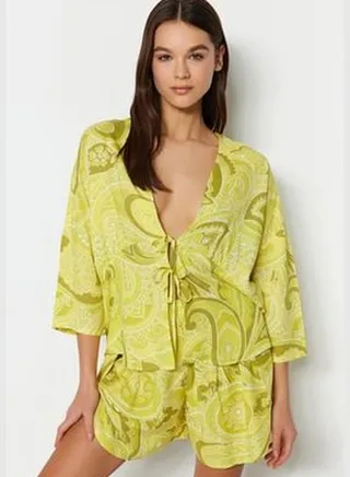 Multicolored Printed Lace-Up Detailed Shirt-Shorts Woven Pajamas Set
