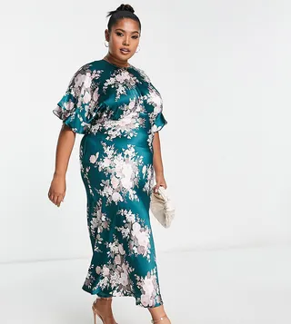 ASOS DESIGN Curve satin midi dress with blouson bodice in vintage floral print