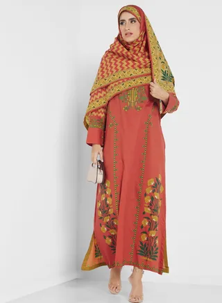 Button Detail Side Slit Printed Jalabiya 