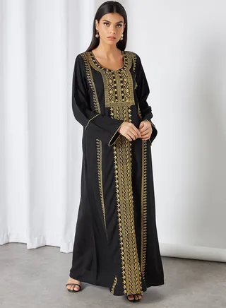 Gold Lines Work Round Neck Jalabiya Black 