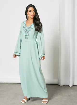 Embellished V-Neck Beaded Jalabiya With Belt Light Blue 