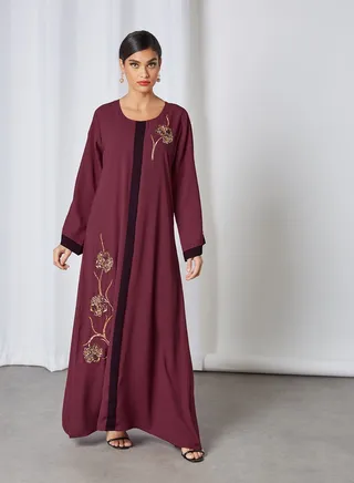 Floral Pattern Round Neck Jalabiya Maroon 