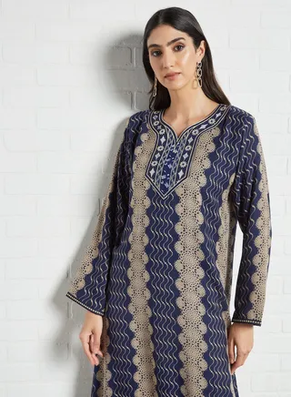 Printed Stylish Jalabiya Blue/Beige 