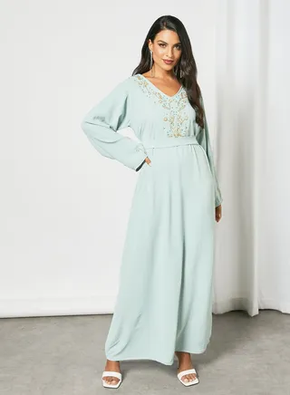 Stylish Embellished V-Neck Long Sleeve Jalabiya Light Blue 
