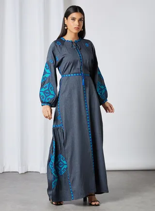 Plated Design Peasant Neck Jalabiya Blue 