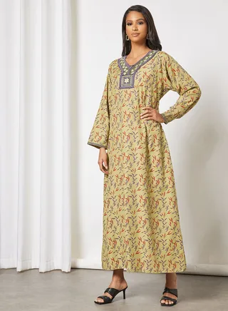 All-Over Printed Long Sleeve Cotton Jalabiya 