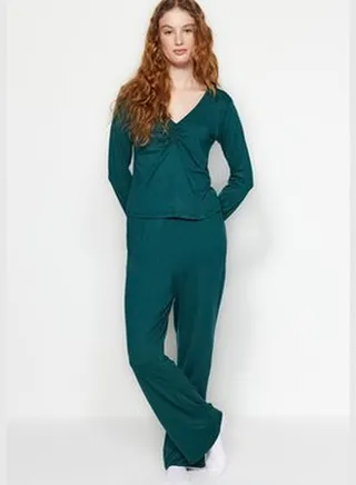 Dark Green Shirred Detailed Viscose T-shirt-Pants and Knitted Pajamas Set THMAW24PT00159.