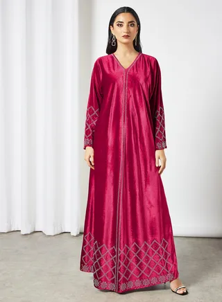 Handcrafted Stones Embellished V-Neck Long Sleeve Jalabiya Red 