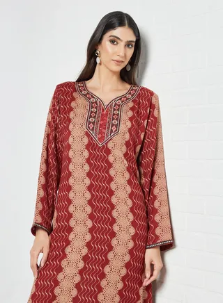Printed Stylish Jalabiya Red/Beige 