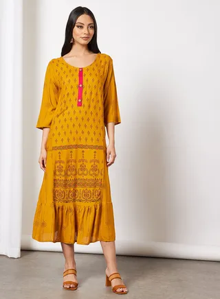Casual Cotton Printed Round Neck All Over Jalabiya With Facemask For Women 