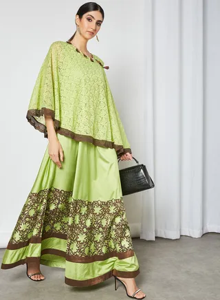 Sara Shadowed Floral Inspired Jalabiya Kelly Green/Brown 