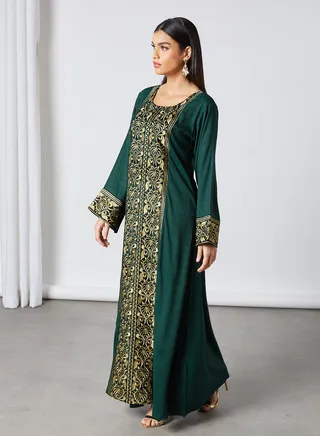 Heavy Gold Embroidery Round Neck Jalabiya Green 