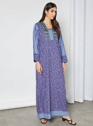 Sara Floral Polka Dot Printed Jalabiya Blue/Black 