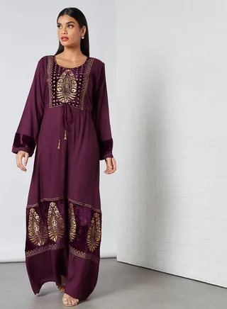 Dabka Work Round Neck Jalabiya Purple 