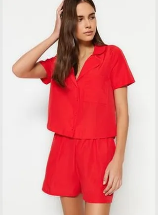 Dark Red Terrycotton Shirt-Shorts Woven Pajamas Set