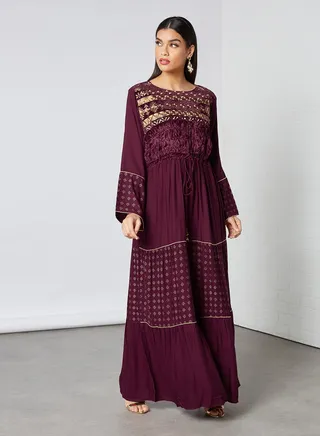 Geometric Stamp Boat Neck Jalabiya Maroon 