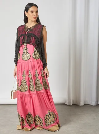 Sara Damask Embroidered Jalabiya Pink/Brown/Black 