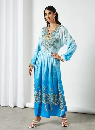 Embellished Jalabiya Blue/Brown 