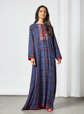 Tartan Print Jalabiya Navy Blue/Red 