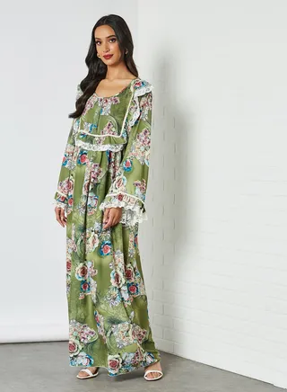 Lace Embellished Jalabiya Green/White/Pink 
