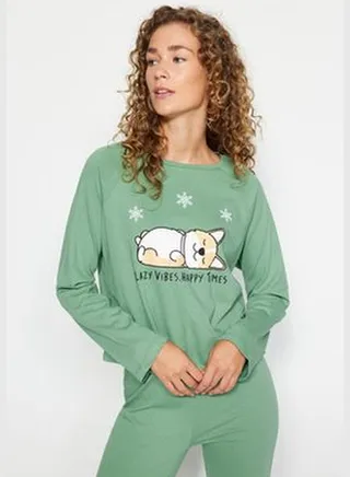 Mint 100% Cotton Printed Tshirt-Jogger Knitted Pajamas Set