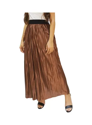 Elastic Waist Pleated Detail Maxi Skirt Brown 