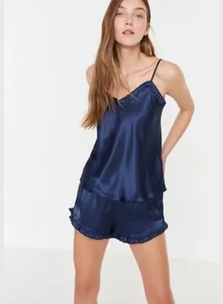 Navy Blue Frilly Satin Undershirt-Shorts Woven Pajama Set THMSS22PT0274