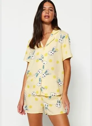 Yellow Rabbit Printed Shirt-Shorts Woven Pajamas Set