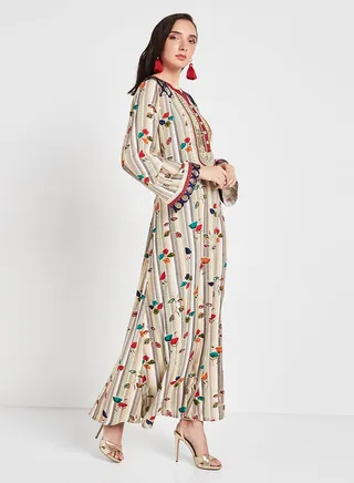Floral Striped Jalabiya Beige 