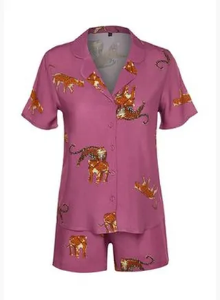Pale Pink Animal Pattern Viscose Shirt-Short Woven Pajamas Set