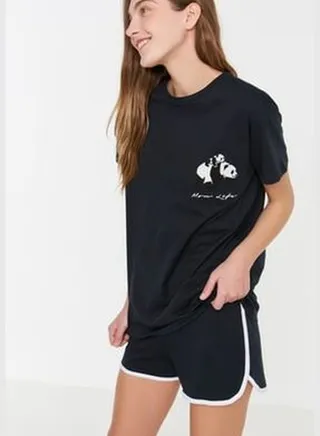Navy Blue Printed Cotton Singlet-Shorts Knitted Pajamas Set