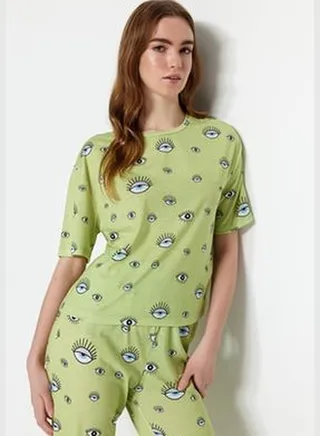 Green Graphic Printed T-shirt-Pants and Knitted Pajamas Set