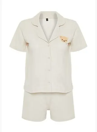 Beige Teddy Bear Embroidered Shirt-Shorts Knitted Pajamas Set THMSS23PT00012