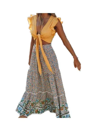 Boho Floral Print Pleated Ruffles Skirt Multicolour 