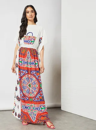 Embroidered Maxi Jalabiya Red & White 