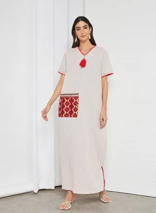 Pocket Embroidered Jalabiya White/Red 