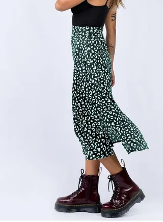 Women's Leopard Chiffon Print Slit Zipper High Waist Skirt 