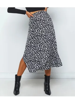 Women's Leopard Chiffon Print Slit Zipper High Waist Skirt 