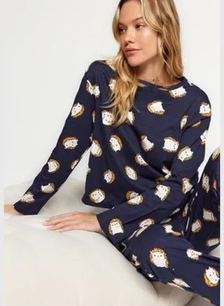 Navy Blue 100% Cotton Tshirt-Jogger Knitted Pajamas Set THMAW24PT00136