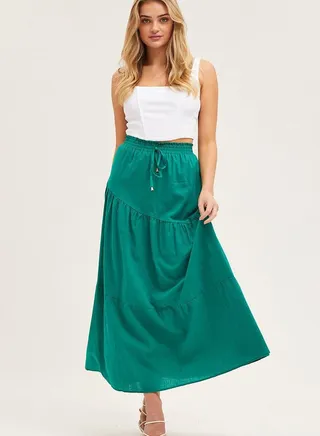 Women's High Waist Solid Color Cottonfabric Elastic Waist Large Swing Pleated Skirt 