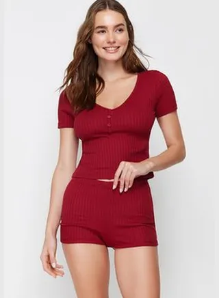 Burgundy Solid Button Camisole Knitted Pajamas Set