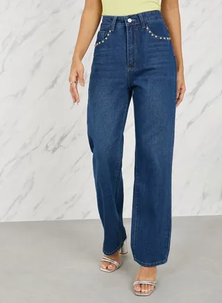 Embellished Pocket Trim Straight Leg Jeans