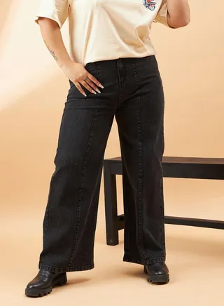 Plus High Rise Seam Detail Straight Jeans 